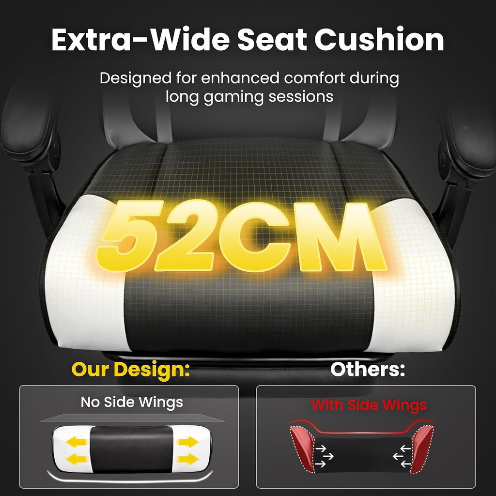 Gaming Chair Gamer Game Ergonomic with Footstool Lumbar Support Deep Black | Headrest, Height and Backrest Adjustable, Deep Black Leather, 210 KG Heavy Duty Load Capacity 52cm Wingless Cushion