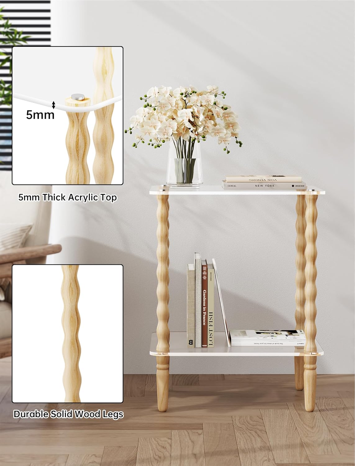 NiHome Spindle Side Table Acrylic Tabletop and Wooden Legs, 2-Tier Small End Table with Storage Shelf, Modern Wood Nightstand for Living Room, Narrow Rectangle Coffee Tables for Couch