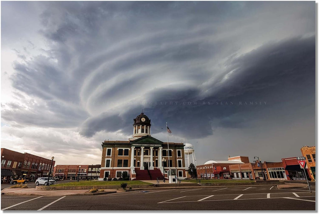 Storm Photography Print (Not Framed) Picture of Supercell Thunderstorm Over Washita County Courthouse in Cordell Oklahoma Town Square Wall Art Weather Decor (8" x 10")