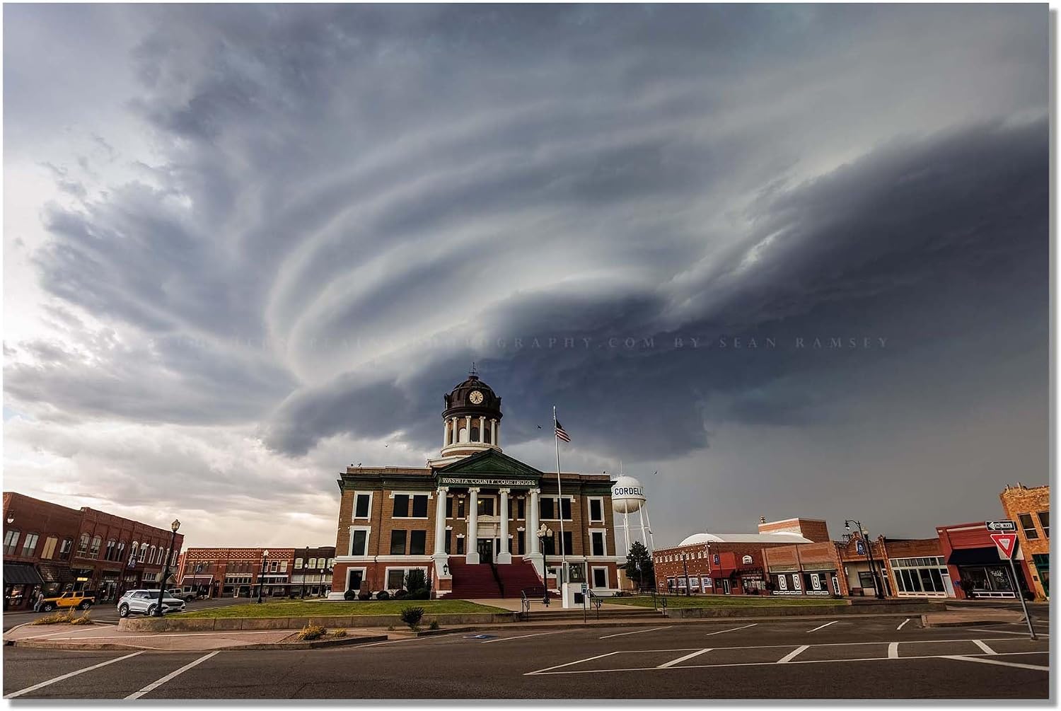 Storm Photography Print (Not Framed) Picture of Supercell Thunderstorm Over Washita County Courthouse in Cordell Oklahoma Town Square Wall Art Weather Decor (8" x 10")