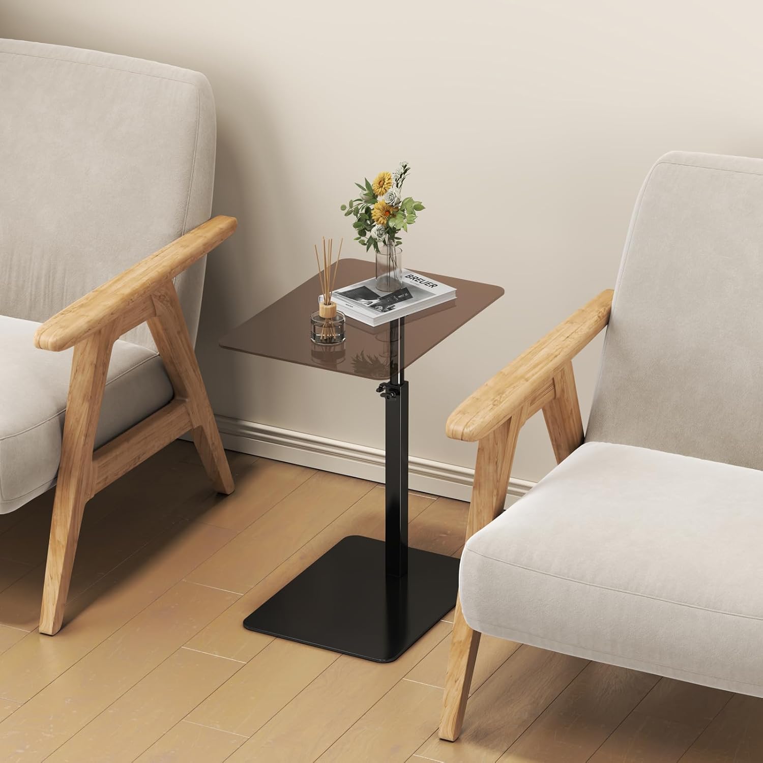 Glass C Shaped End Table Adjustable Height, Metal Base C Shaped Side Table for Sofa/Bed, 360°Swivel Couch Tables That Slide Under, Small Clear Coffee Table for Bedroom Living Room (Glass)