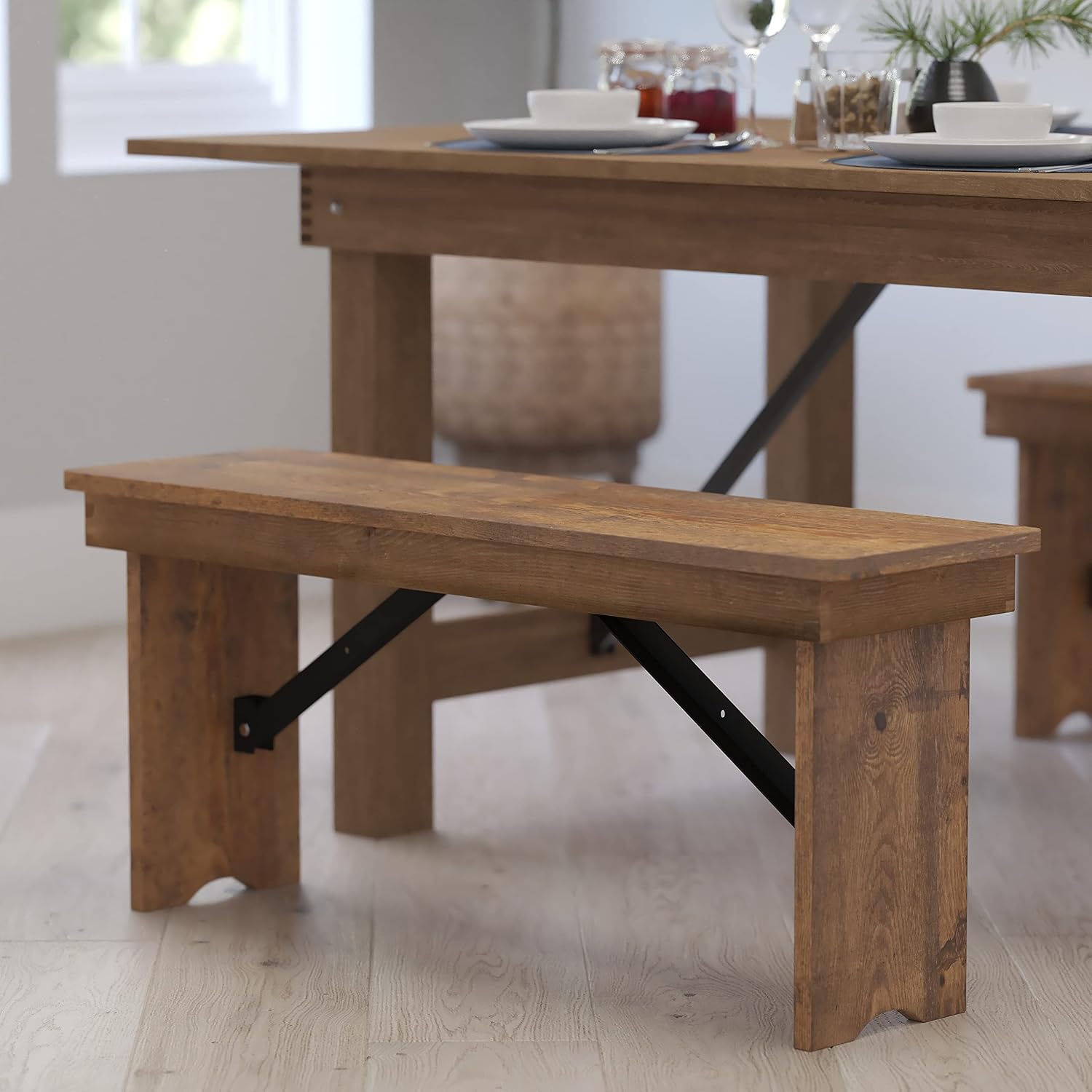 Merrick Lane Tinsley 40" x 12" Antique Rustic Solid Pine Folding Farmhouse Style Bench