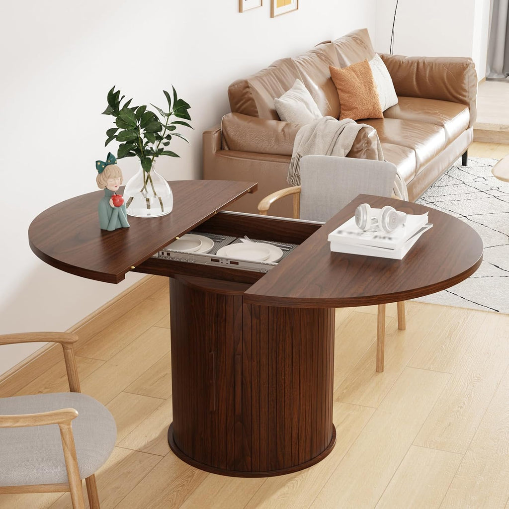 Expandable Dining Table,Round Wooden Kitchen Table,Double Layered Storage Space with Partitions,Equipped with Circular Sliding Doors, Suitable for Kitchen (Expandable Dining table-Walnut-02)