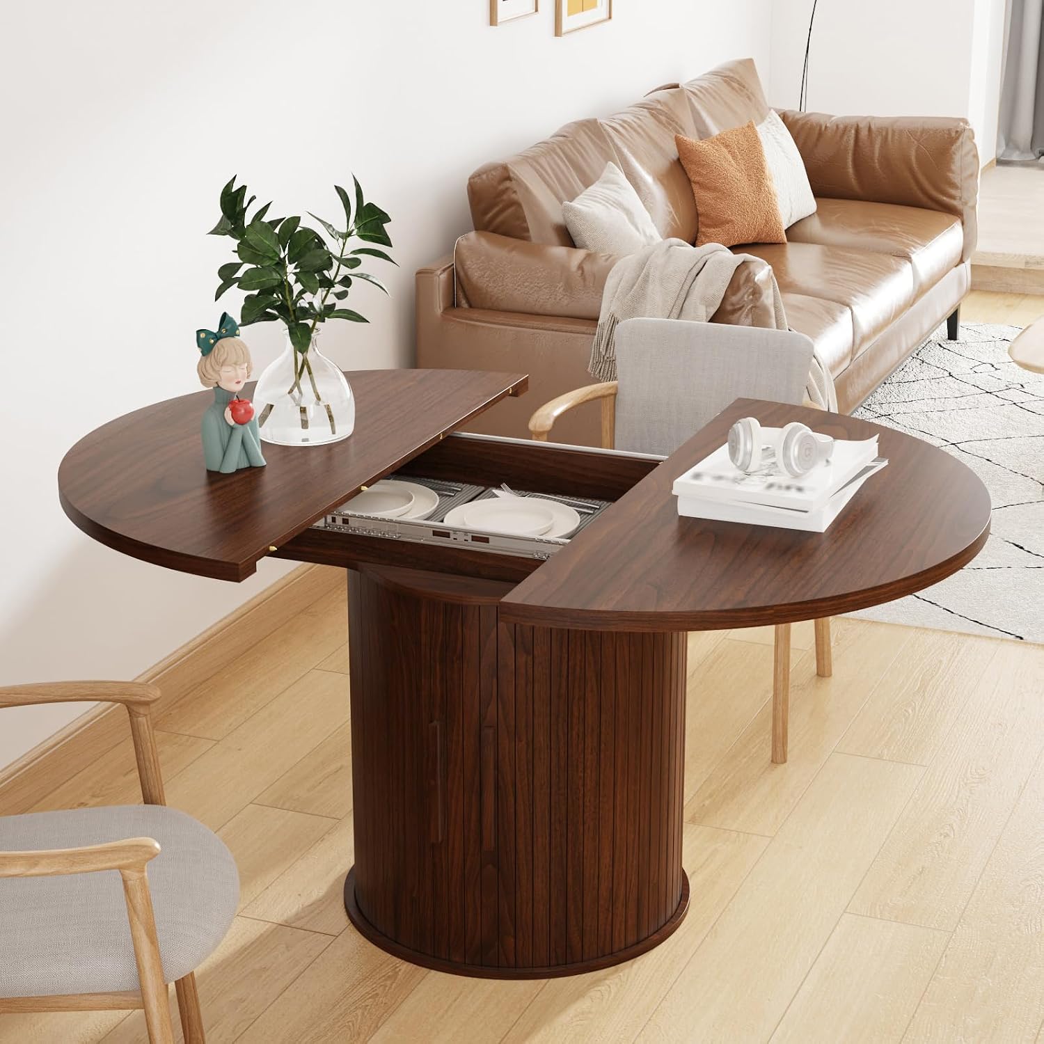 43"-59" Extendable Dining Room Table for 4-8, Round Expandable Kitchen Table with Fluted Sliding Door Cabinet, Modern Farmhouse Oval Dinner Tables for Dining Room Kitchen Living Room,Walnut