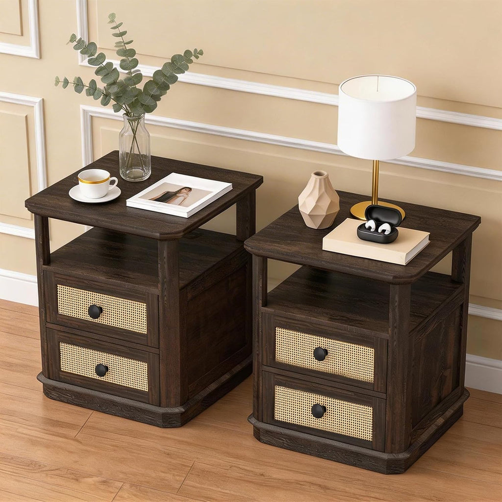 24" End Table Set of 2 with Charging Station, Rattan Drawer Sofa Side Table, Anti-Collision Corner Wooden Nightstand for Living Room Bedroom Office