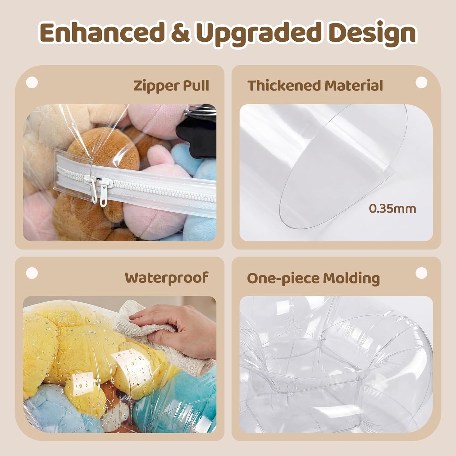 Clear Stuffed Animal Storage Bean Bag Chair, 37.01 x 38.19 Inch, 0.35mm Thick Waterproof PVC Toy Organizer, Plushies & Stuffy Storage, 330 LBS Heavy Duty Seat for Kids & Adults