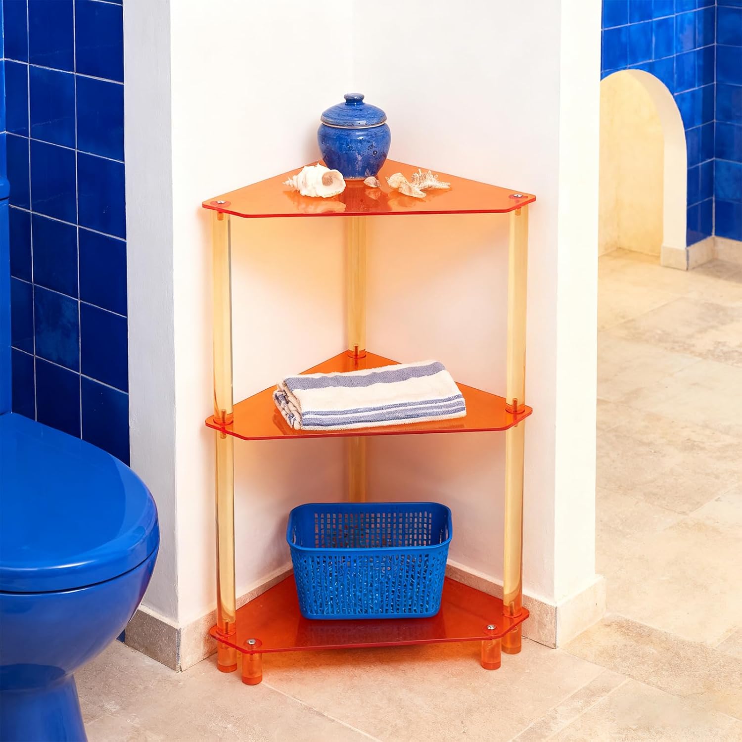 3-Tier Triangle End Table, Orange Acrylic Side Table for Living Room, Bedroom, Office, Freestanding Corner Shelf Stand for Small Space, 11.8"x11.8"x26", 22 lbs Capacity