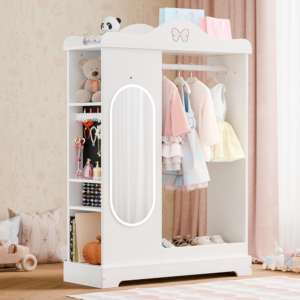 Xilingol Kids Armoire Dress Up Storage with Full-Length Mirror and Light, Kids Wardrobe Closet with Jewelry Cabinet and Storage Shelves, Open Hanging Armoire Costume Organizer for Bedroom (White)