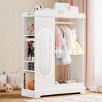 Xilingol Kids Armoire Dress Up Storage with Full-Length Mirror and Light, Kids Wardrobe Closet with Jewelry Cabinet and Storage Shelves, Open Hanging Armoire Costume Organizer for Bedroom (White)