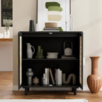Decorative Storage Cabinet Sideboard with Hollow Carved Panels, 2 Doors, Natural Wood, 29.8 x 31.6 x 15.8 Inches. [Black, 1pc]