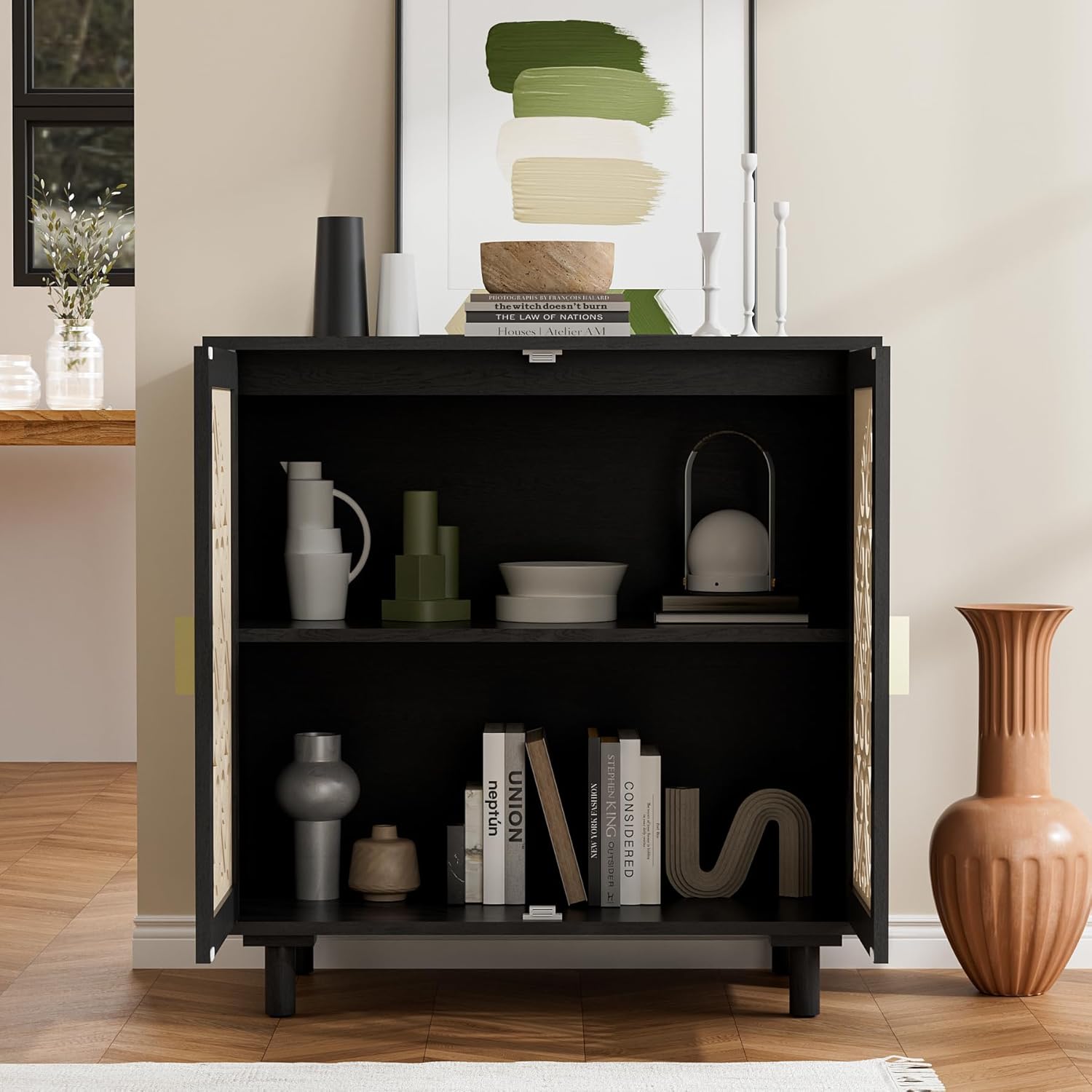 Decorative Storage Cabinet Sideboard with Hollow Carved Panels, 2 Doors, Natural Wood, 29.8 x 31.6 x 15.8 Inches. [Black, 1pc]
