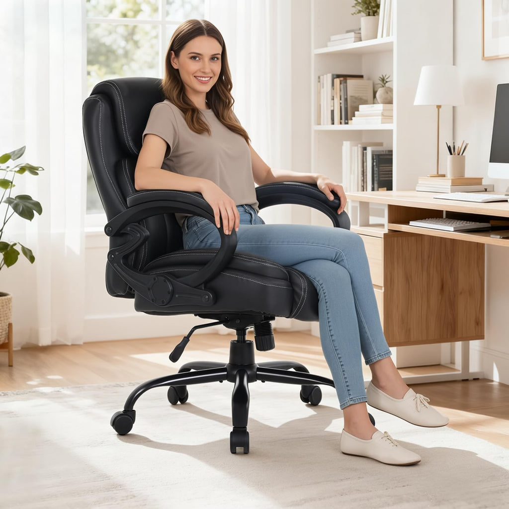 BestOffice Big and Tall Heavy Duty Office Chair 400lbs Wide Seat Ergonomic Computer Desk Chair with Arms and Lumbar Support High Back PU Leather Executive Task Computer Chair for Back Pain, Black