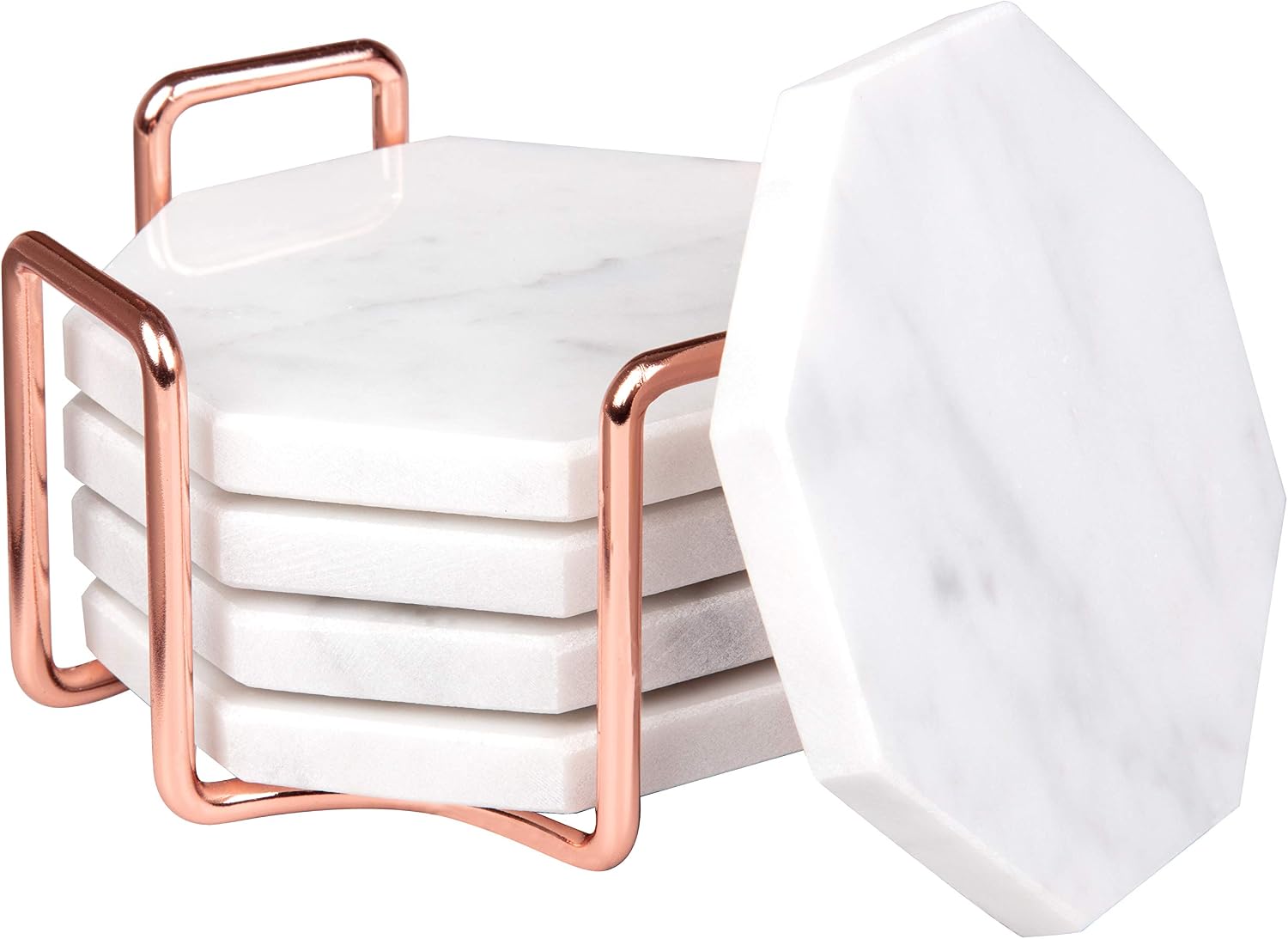 White Carrara Marble Coasters & Rose Gold Coaster Holder (Set of 5)- Durable, Thick Coasters - Protects Any Table Type & Fits Any Coffee Mug, Drinking Glass, Barware - Great Wedding