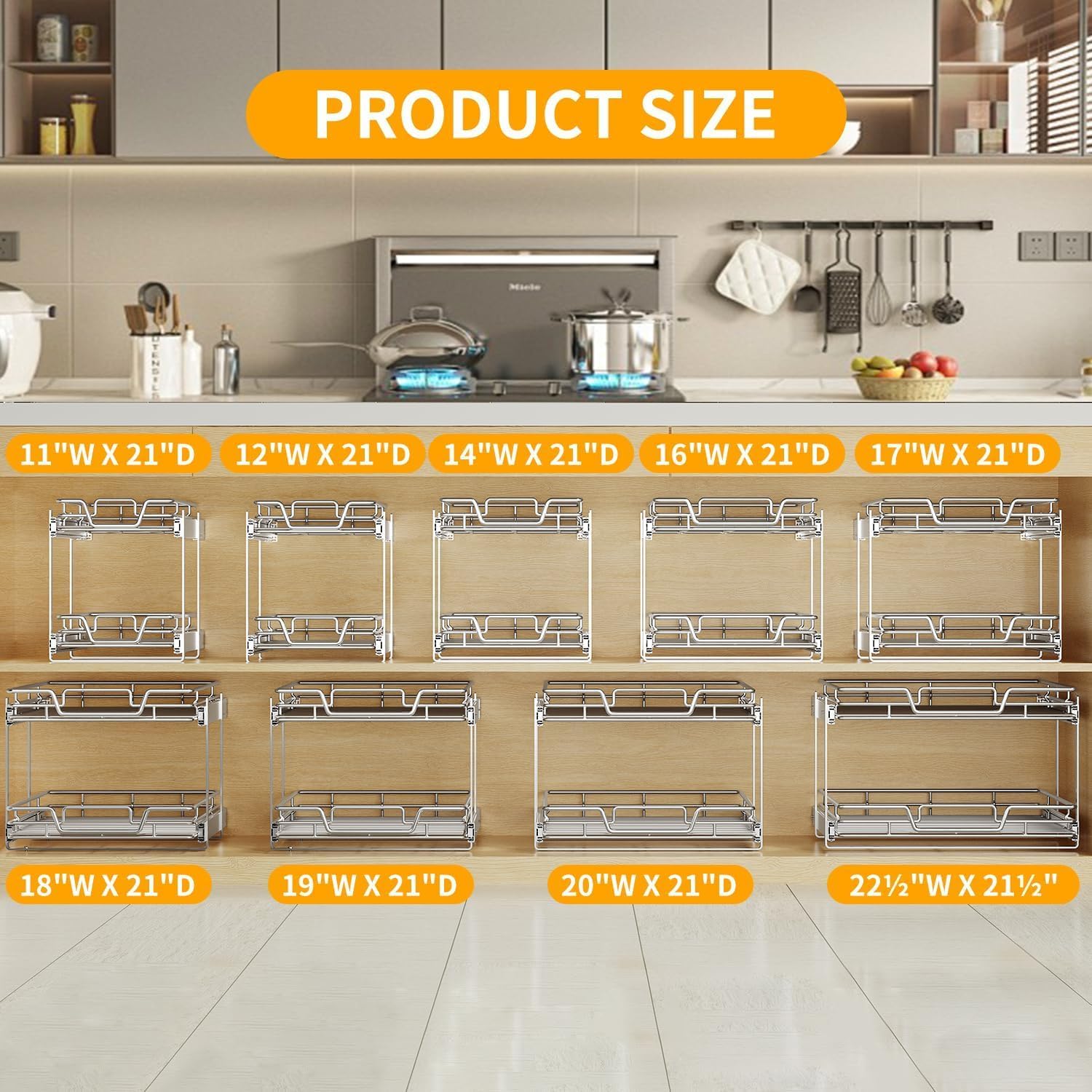 2-Tier Kitchen Cabinet Pull Out Shelf and Drawer Organizer Slide Out Pantry Storaqe Basket in Multiple Sizes (14" W x 21" D)