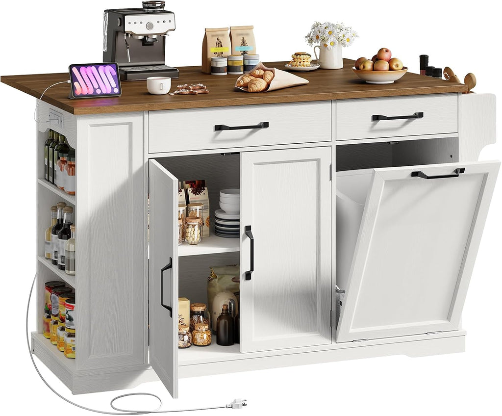 RALGEND Kitchen Island with Power Outlet & Drop Leaf, Rolling Storage Cart with Trash Storage Cabinet, Farmhouse Mobile Island Table for Kitchen, Dining Room, Hidden Casters, White and Walnut