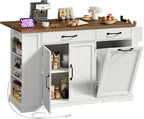 RALGEND Kitchen Island with Power Outlet & Drop Leaf, Rolling Storage Cart with Trash Storage Cabinet, Farmhouse Mobile Island Table for Kitchen, Dining Room, Hidden Casters, White and Walnut