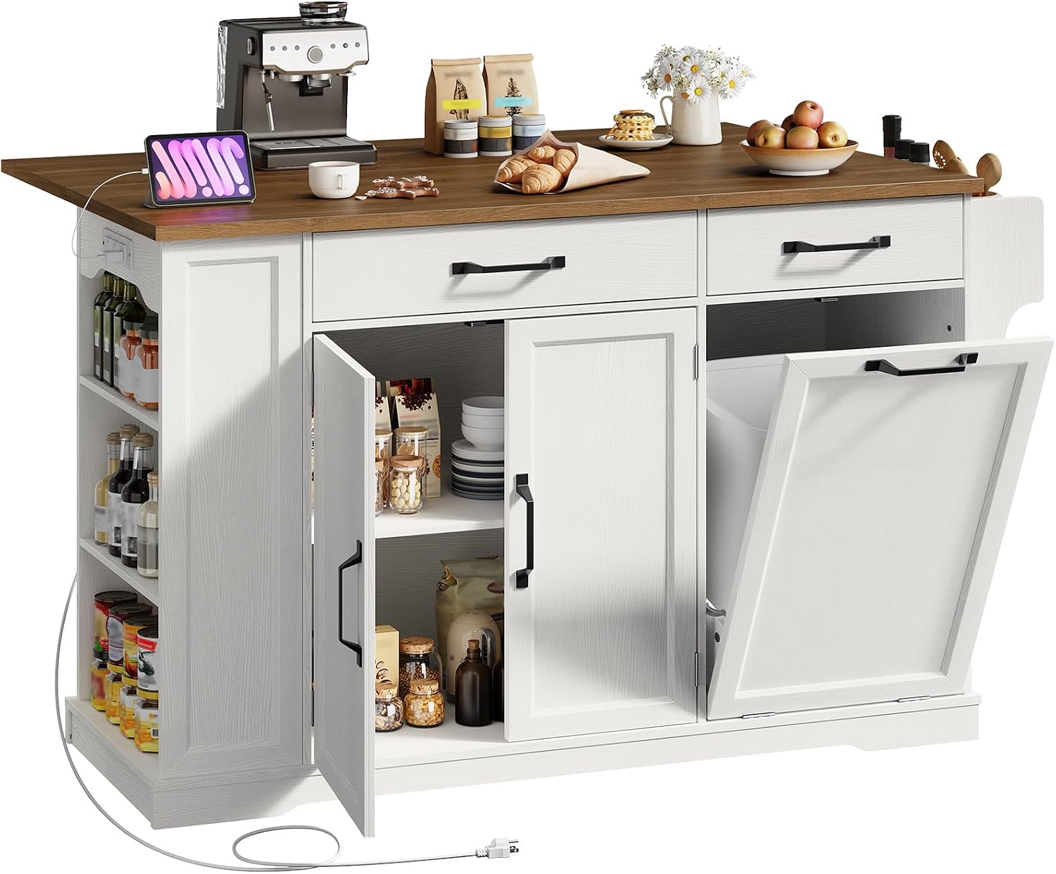 RALGEND Kitchen Island with Power Outlet & Drop Leaf, Rolling Storage Cart with Trash Storage Cabinet, Farmhouse Mobile Island Table for Kitchen, Dining Room, Hidden Casters, White and Walnut