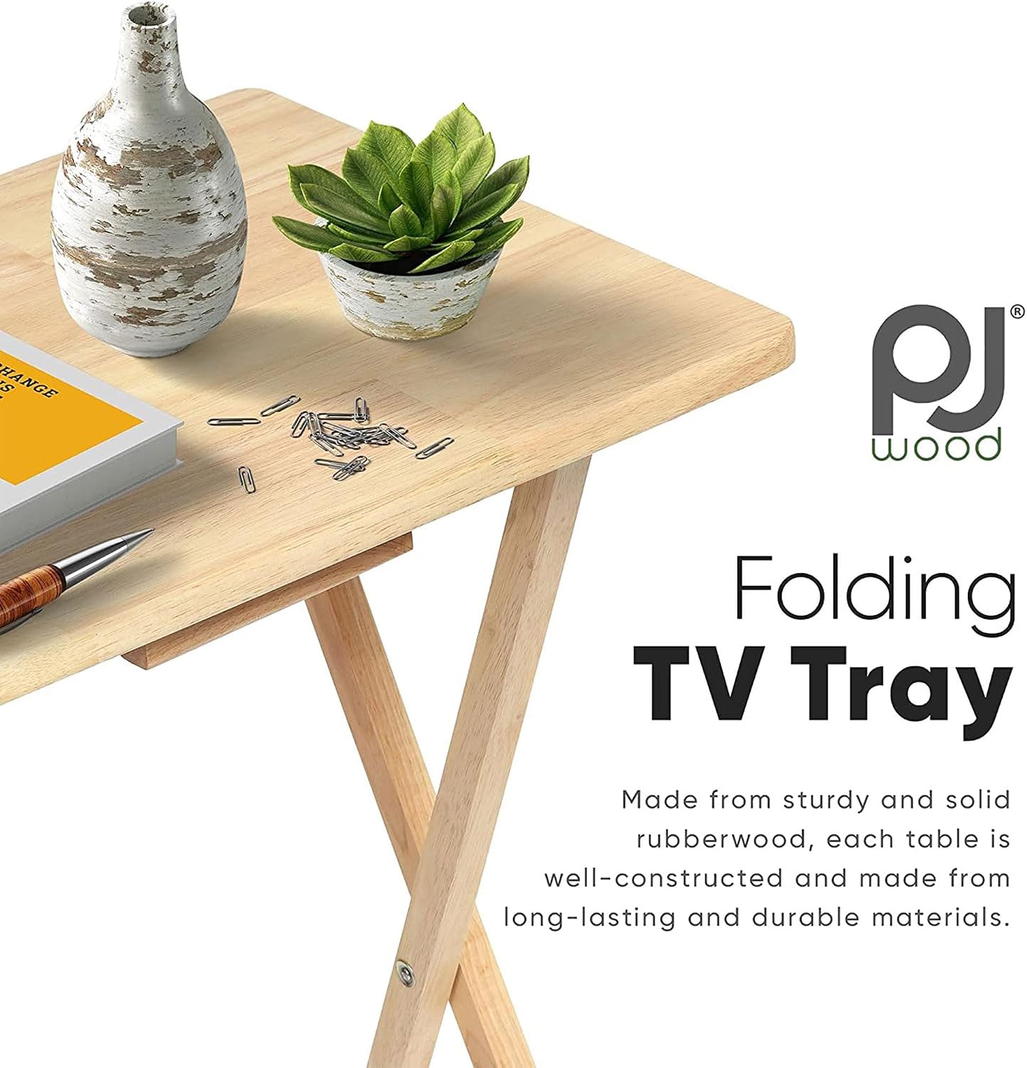 PJ Wood - Folding TV Tray Tables - Solid Wood, 10-Piece Set | Rectangular Design, 14.57 x 19.09 x 26 in, Natural Finish, Rustic Style, Compact Storage, For Couch Dining Or Work