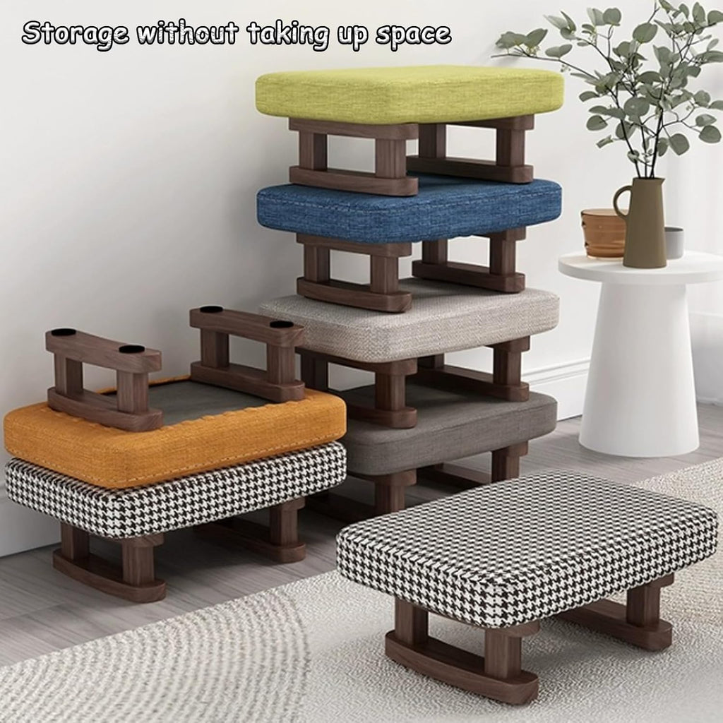 7-Inch High Stool, Small Linen Footstool, Solid Wood Frame, Entryway Shoe Bench, with Padded Footrest, Suitable for Living Room, Entryway, and Bedroom Natural Legs Green