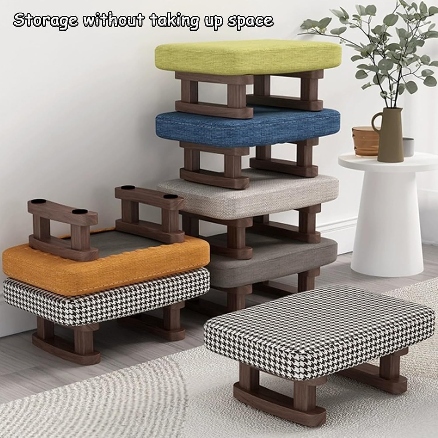 7-Inch High Stool, Small Linen Footstool, Solid Wood Frame, Entryway Shoe Bench, with Padded Footrest, Suitable for Living Room, Entryway, and Bedroom Natural Legs Green