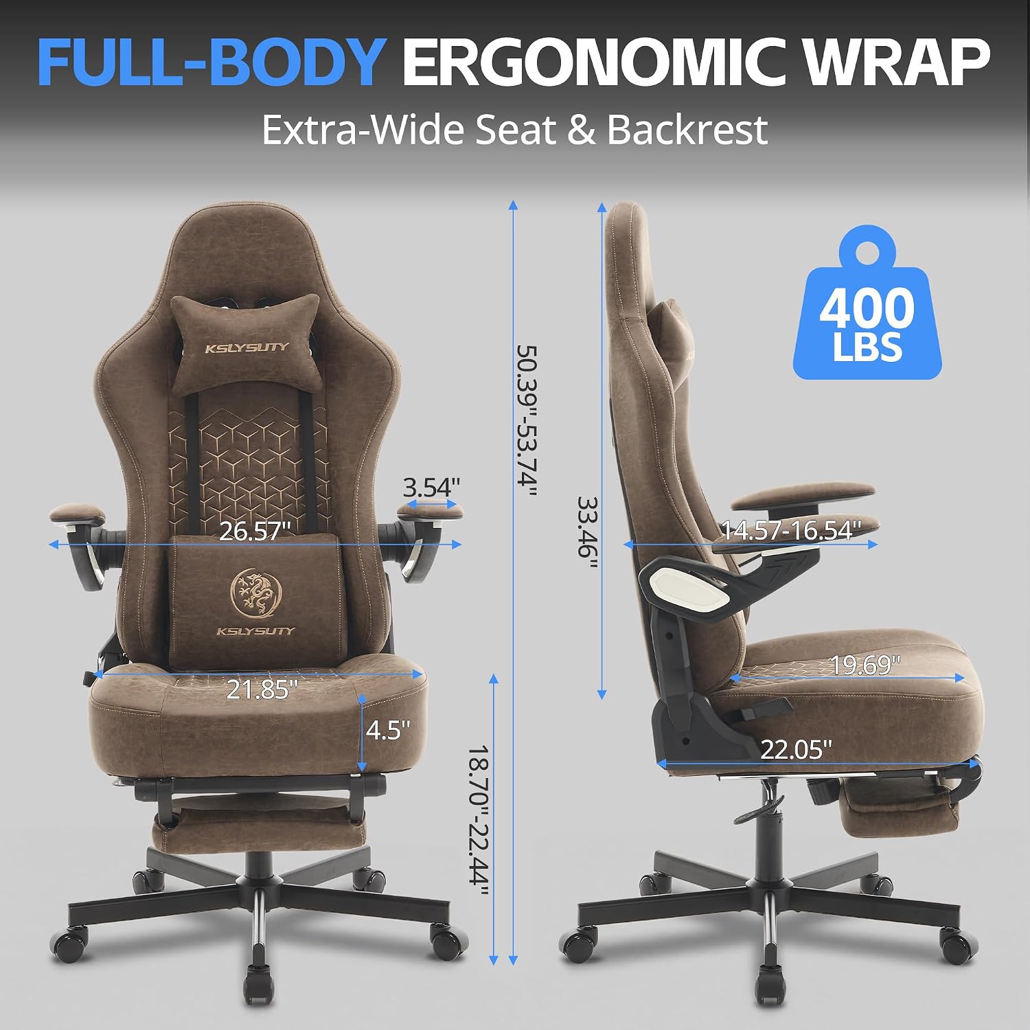 Ergonomic Gaming Chair for Adults - Big and Tall Desk Chair with Lumbar Support and Mechanical Arm Armrests, Comfortable Gamer Computer Chair, Gaming Chairs with Footrest (Brown Leather)