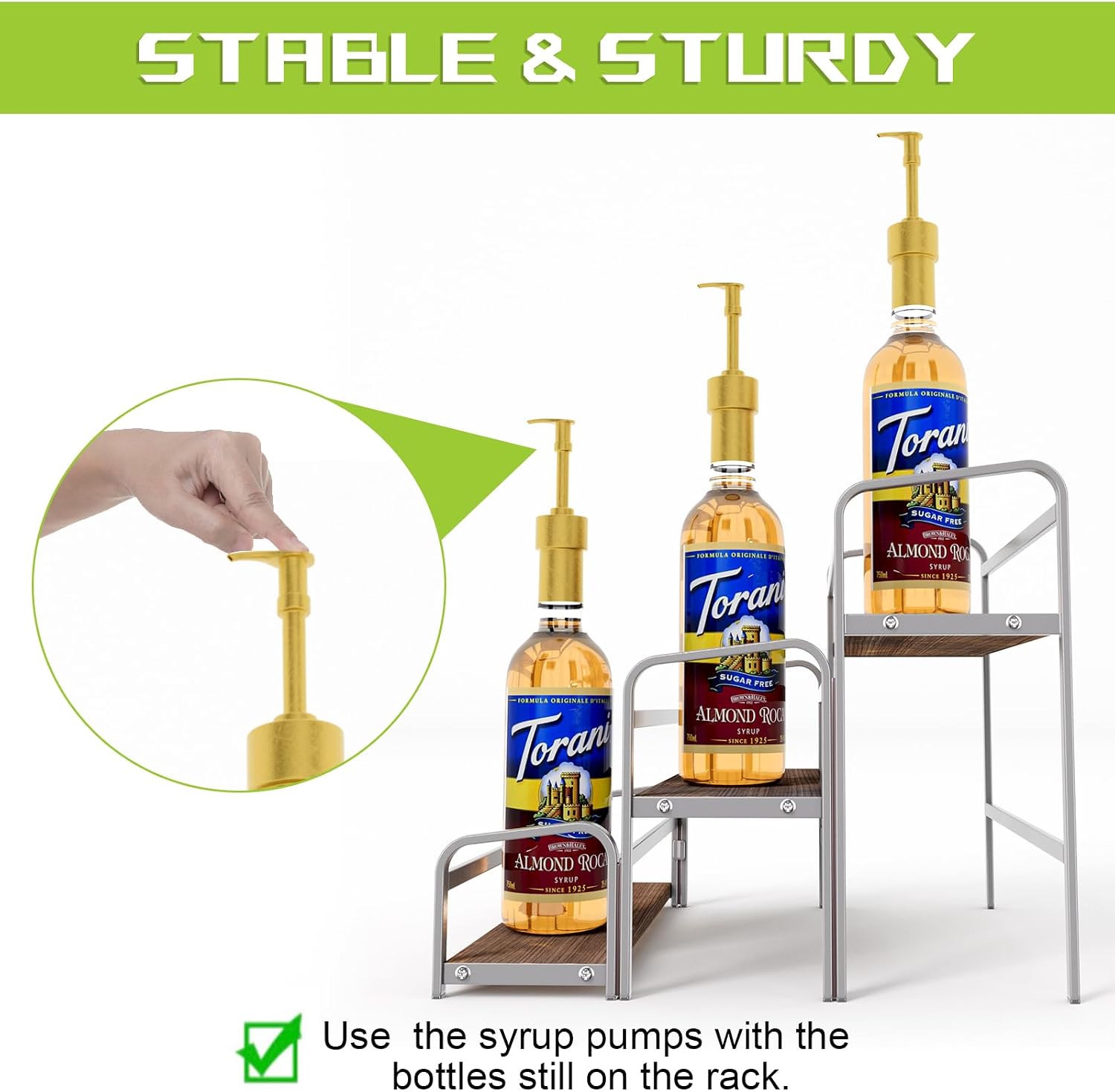 3-Tier Coffee Syrup Rack for Countertop, Large Capacity 12-Bottles Syrup Stand with Wood Shelf & Metal Frame for Coffee Bar, Premium Grey Coffee Organizer Station/Wine Rack for Kitchen Storage