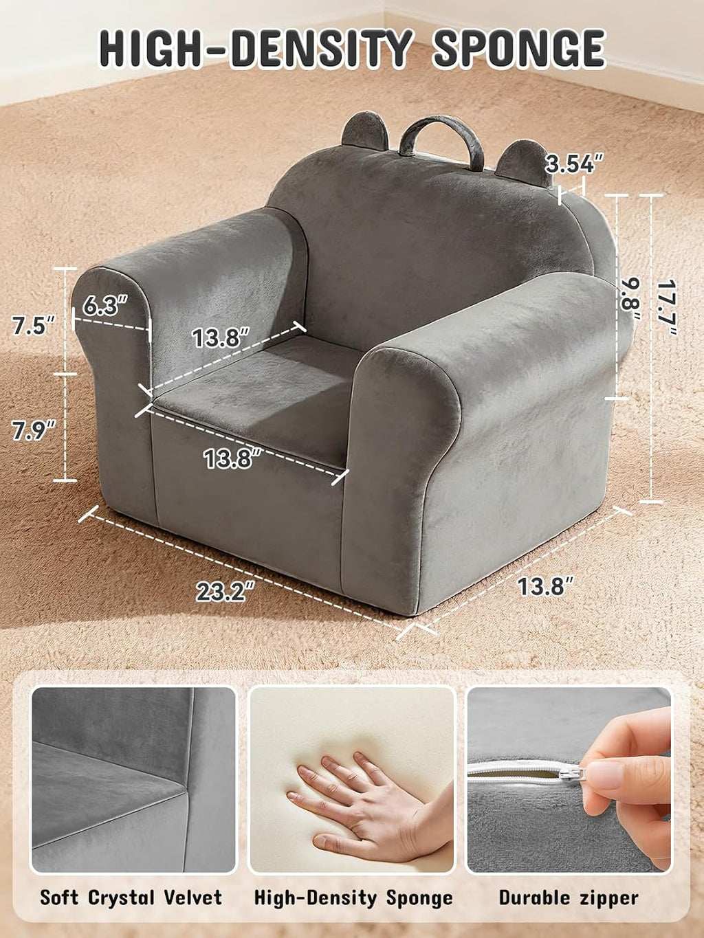 Kids Sofa Chair with Removable Washable Cover Kids Couch Toddler Chair Toddler Bed Cozy Crystal Velvet Furniture for Playtime, Naps & Travel (Soft Grey, Bear Design)