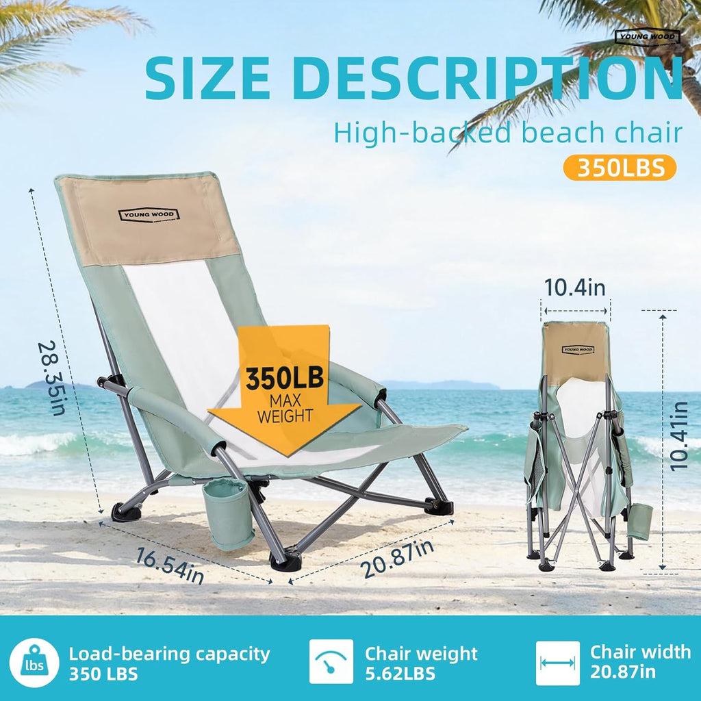 YOUNG WOOD High Beach Chair, Camping Chair, High Back Extra Wide Seat Chair with Comfortable Pillow & Storage Pocketsuitable for Adults, Children and Pets,Load Capacity 350lb,Blue,1p
