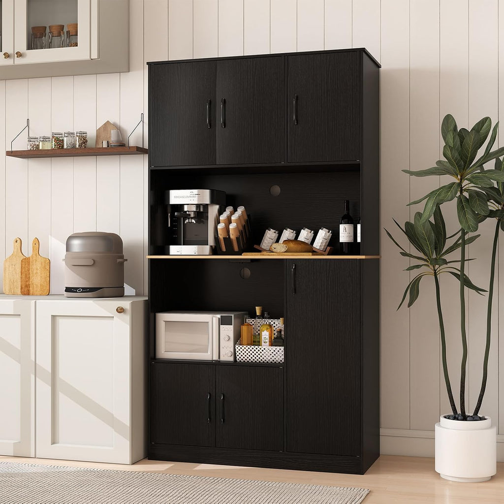 71" Large Kitchen Hutch with Power Outlet, Freestanding Pantry Cabinet with Microwave Shelf, Kitchen Cabinet with Countertop, Dining Room Hutch