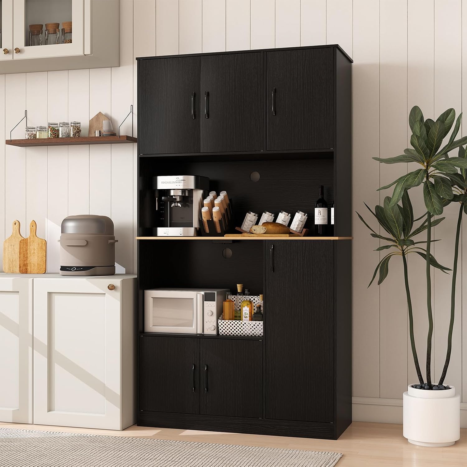 71" Large Kitchen Hutch with Power Outlet, Freestanding Pantry Cabinet with Microwave Shelf, Kitchen Cabinet with Countertop, Dining Room Hutch