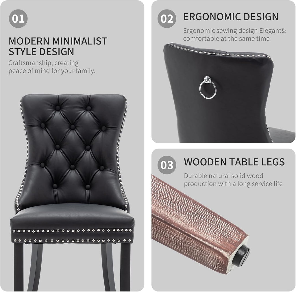 Leather Dining Chairs Set of 4, Upholstered Dining Room Chairs with Nailhead Trim, Sillas de Comedor Modernas 4, Wooden Kitchen Chairs for Dining Room, Living Room, Kitchen, Bedroom, Black