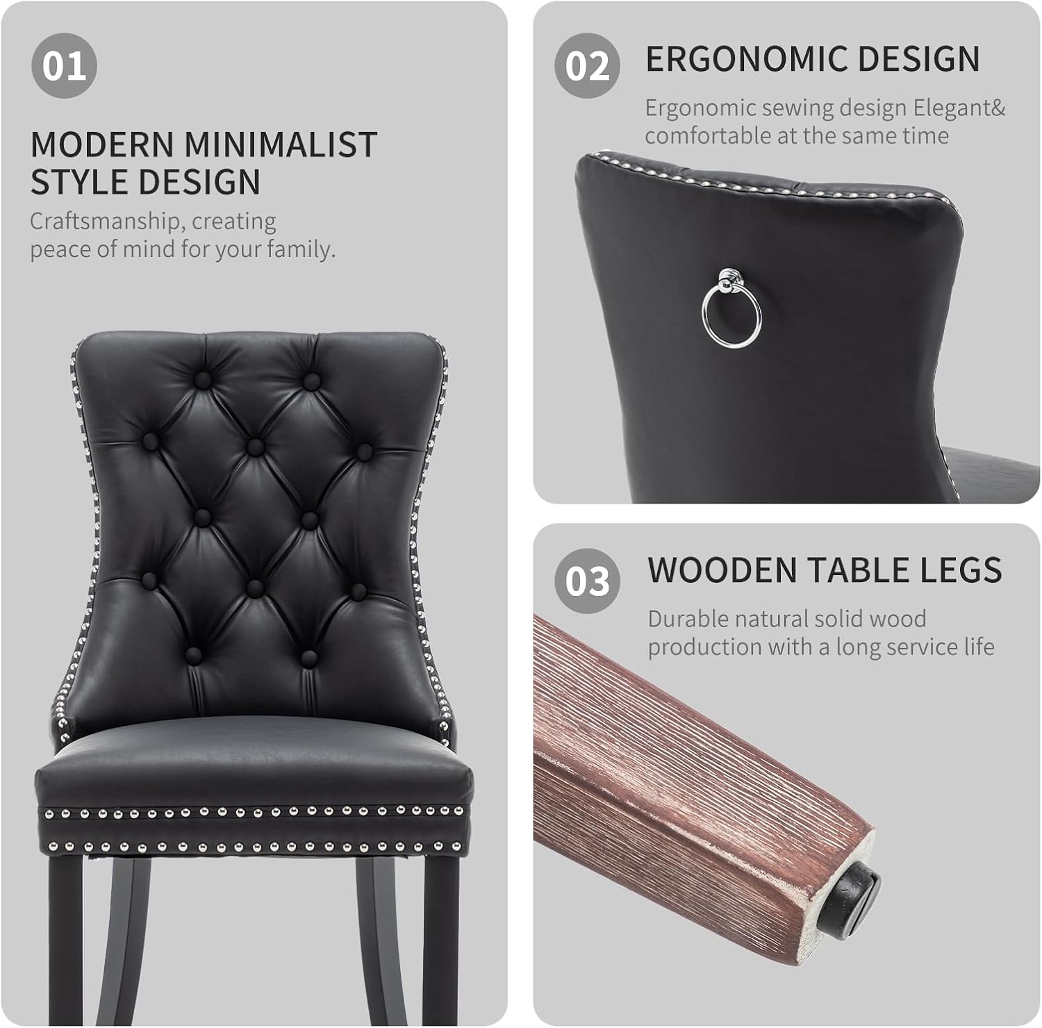 Leather Dining Chairs Set of 4, Upholstered Dining Room Chairs with Nailhead Trim, Sillas de Comedor Modernas 4, Wooden Kitchen Chairs for Dining Room, Living Room, Kitchen, Bedroom, Black