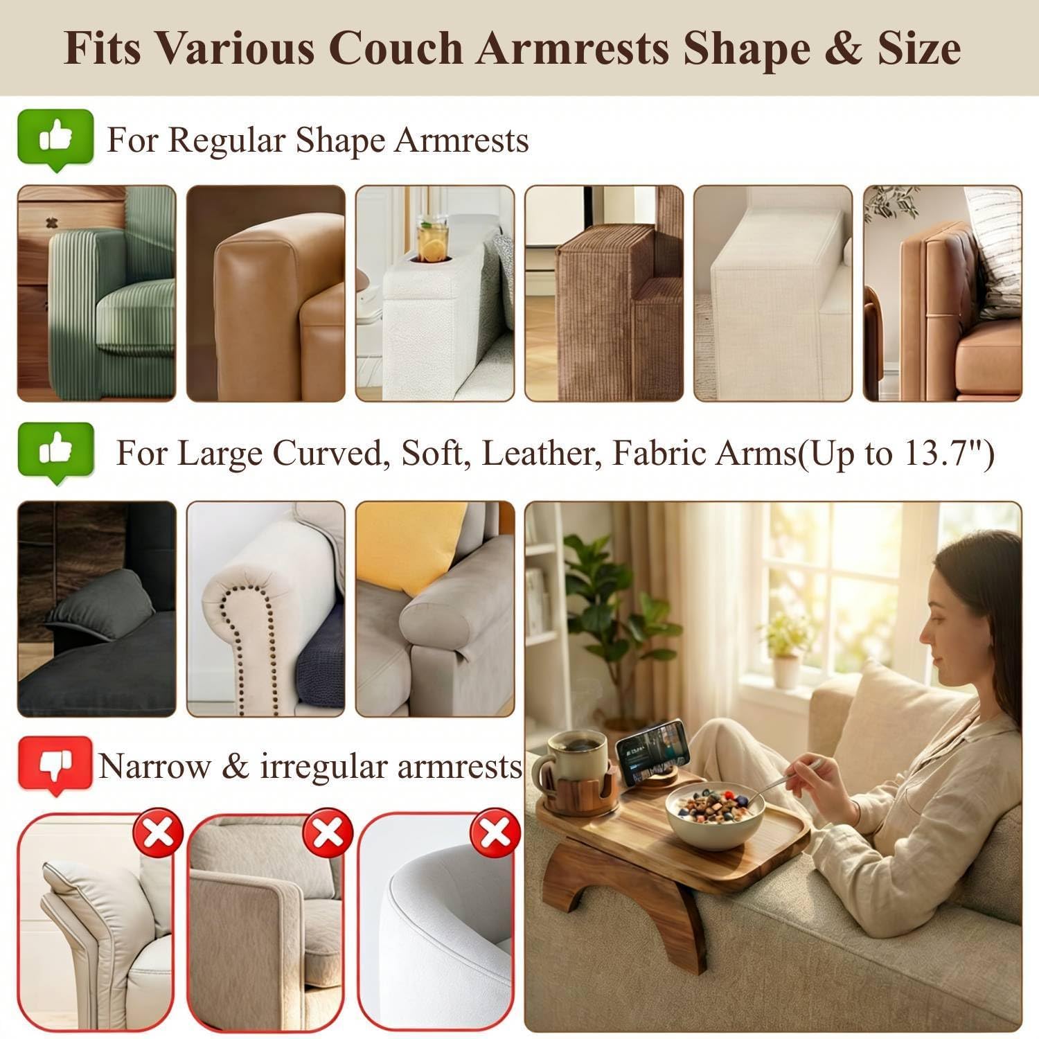 Couch Armrest Table, Acacia Wood Sofa Arm Tray with 360° Rotating Phone & Cup Holder, Clip-On Arm Rest Table for Couch, Anti-Slip Armrest Tray for Snacks & Drinks, 15.4" x 9.8"