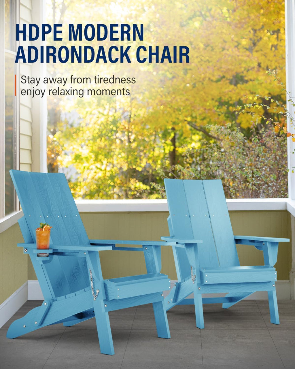Adirondack Chair with Cup Holder: Folding Adirondack Chairs Set of 4 Plastic HDPE Material Furniture - Modern Composite Fire Pit Chairs Foldable for Outdoor/Backyard/Garden/Lawn/Deck/Porch