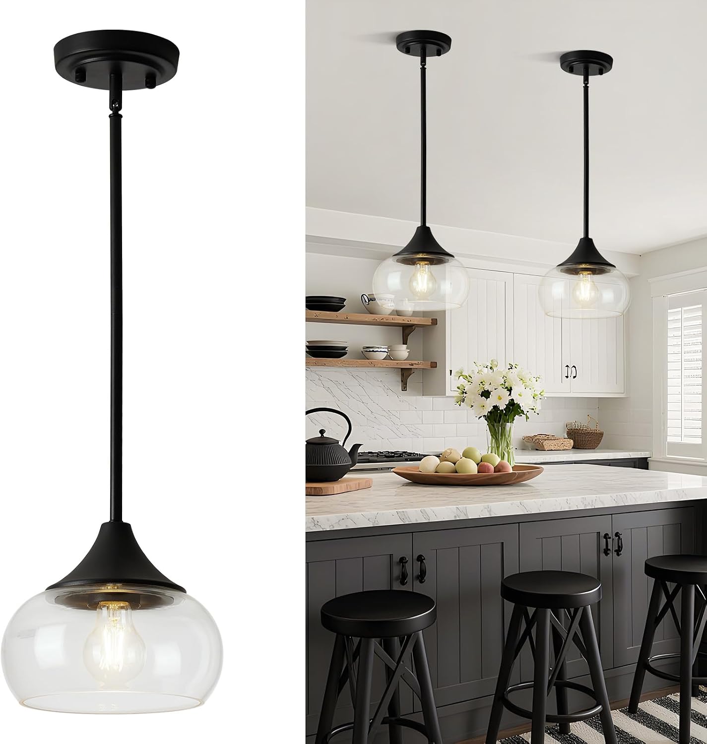 Modern Pendant Lights for Kitchen Island, Black Pendant Light Fixtures with 8.5" Clear Glass Shade, Industrial Hanging Pendant Lights Fixture for Kitchen Island Dining Room Bedroom Entryway 1 Pack