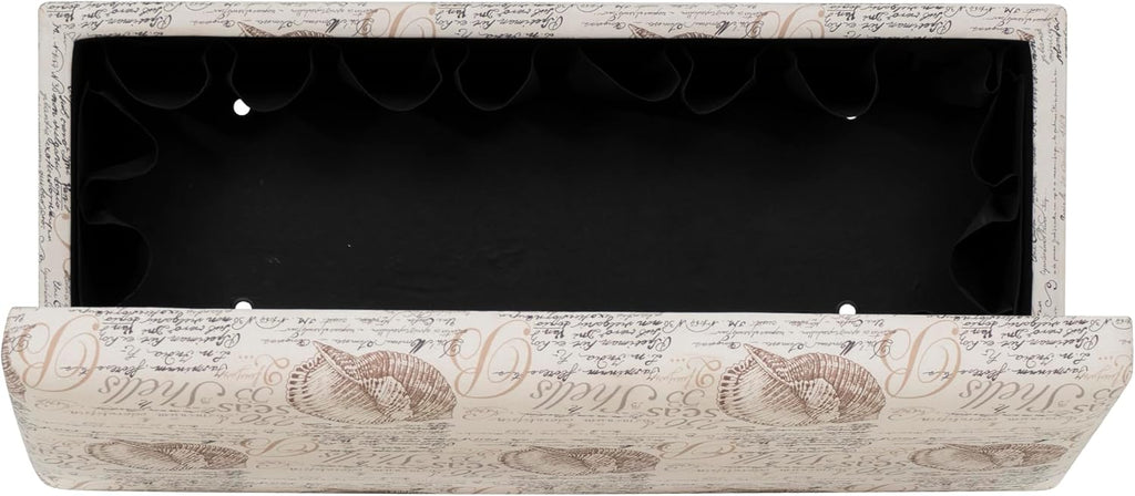 Linon Carmen Ivory and Beige Seashell Upholstered Lift Top Storage Ottoman with Wooden Feet