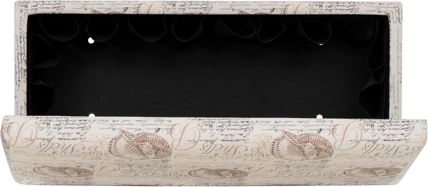 Linon Carmen Ivory and Beige Seashell Upholstered Lift Top Storage Ottoman with Wooden Feet