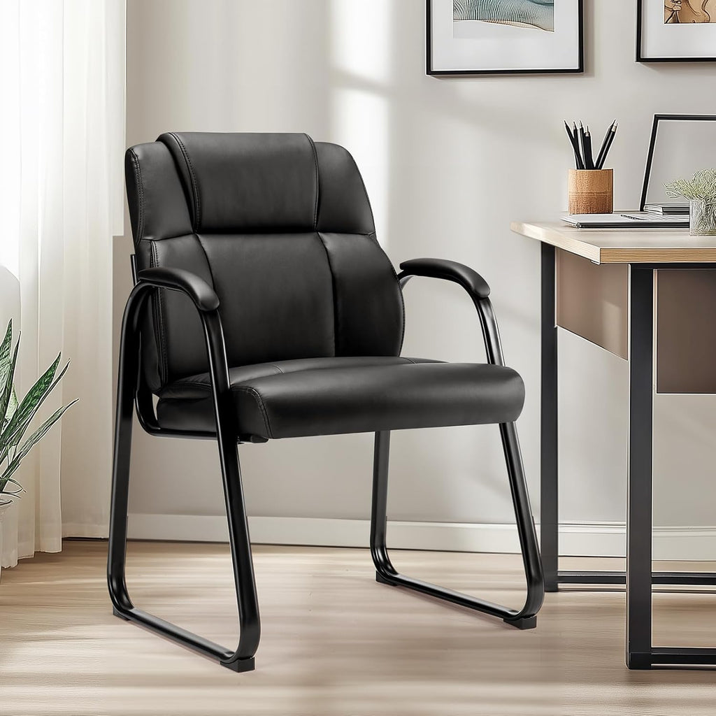 DUMOS PU Leather Office Guest Chair, Waiting Room Chairs with Sled Base and Padded Arm Rest, Reception Chair Without Wheels for Elderly Meeting Conference Office Home, 1 Pack