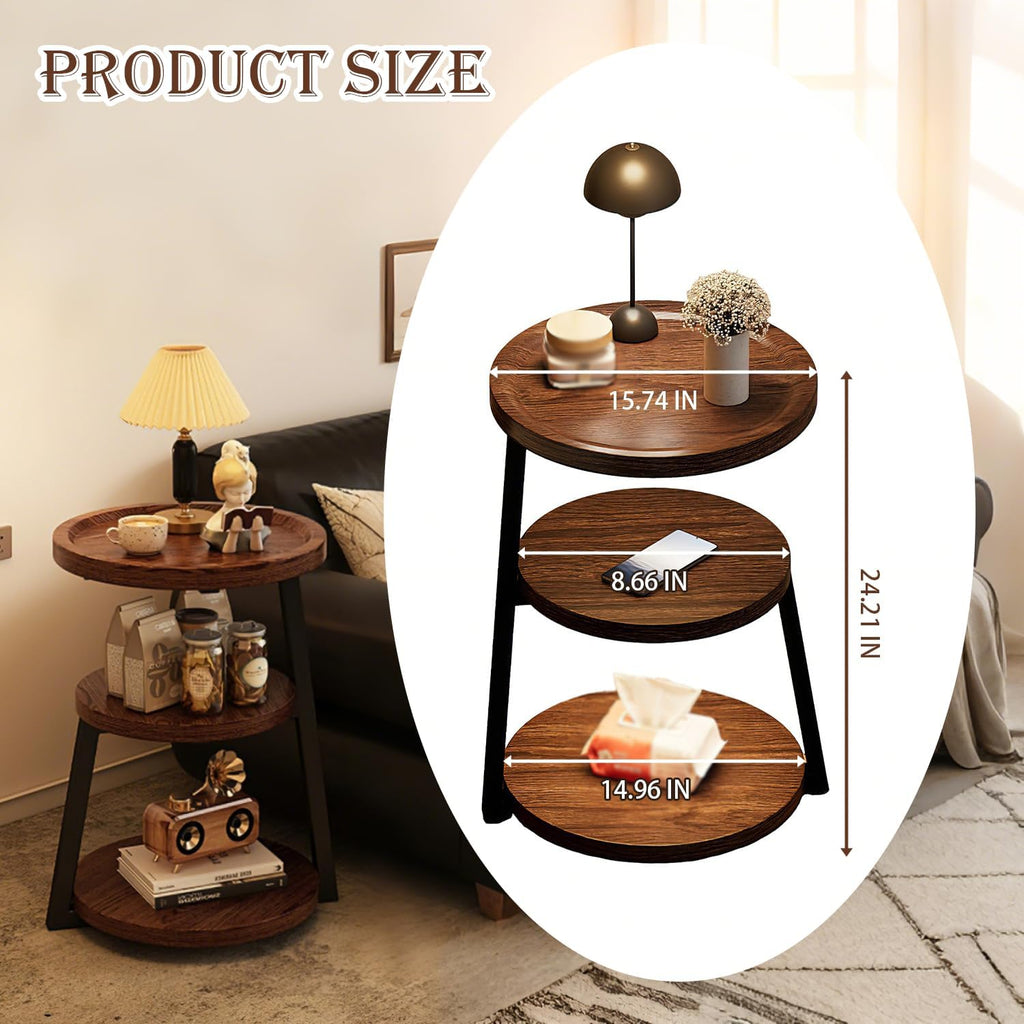 YUNMUARY-Walnut Wood Side Table,Modern Round Bed Tables Bedroom,Circle End Table with Storage,16 Inches Wide Small Couch End Tables for Kitchen,Hallway,Living Room,and Corners.