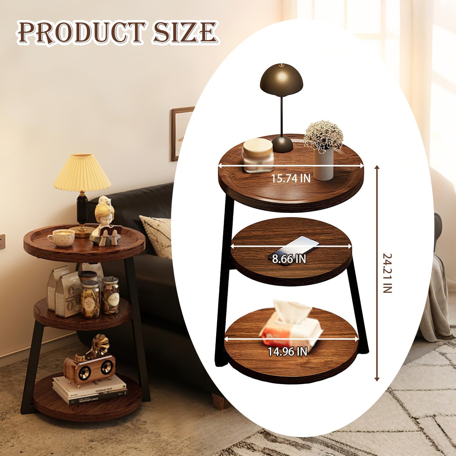 YUNMUARY-Walnut Wood Side Table,Modern Round Bed Tables Bedroom,Circle End Table with Storage,16 Inches Wide Small Couch End Tables for Kitchen,Hallway,Living Room,and Corners.