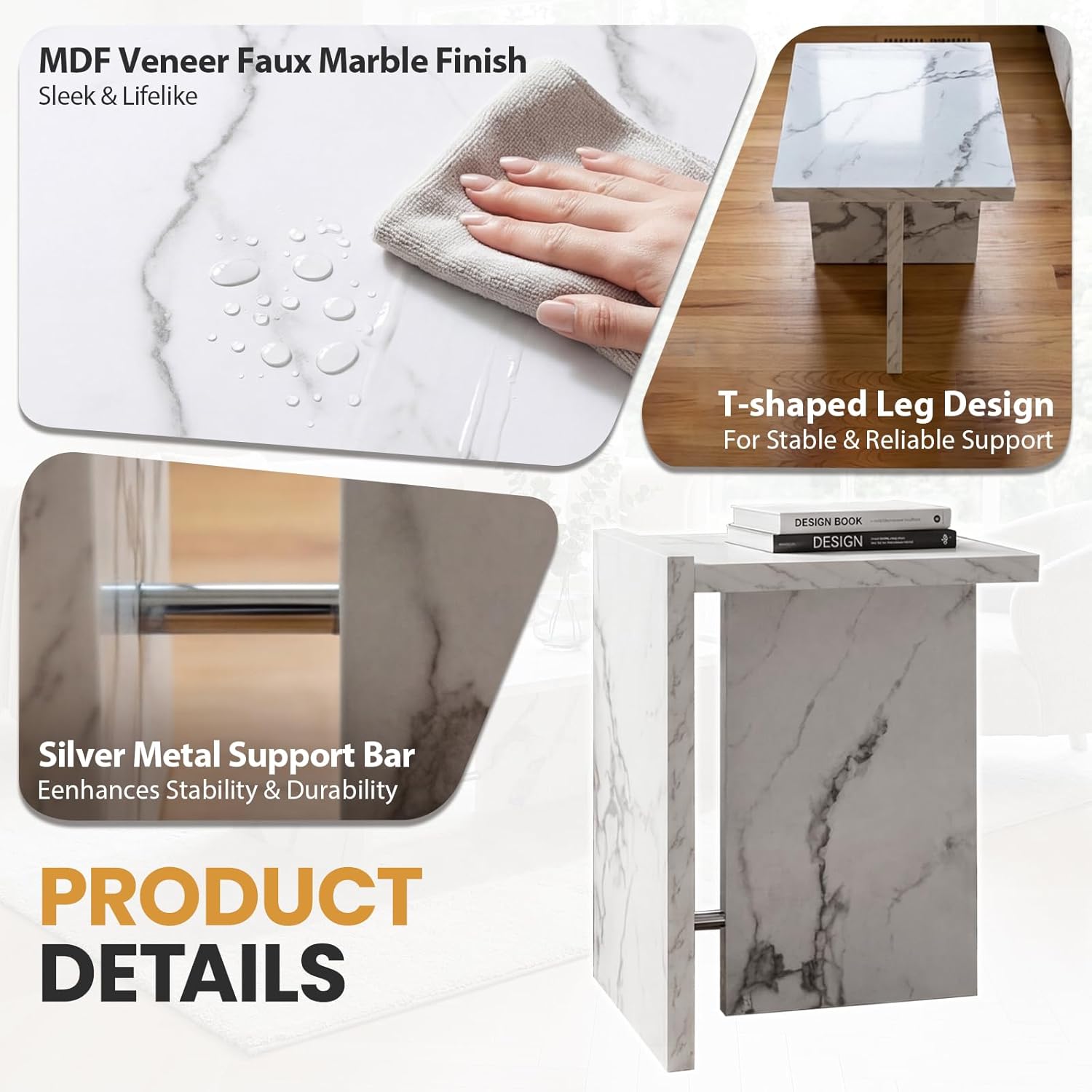Modern End Table with Faux Marble Finish, White Marble Vein Side Table, Space Saving Sofa Accent Table, Small Nightstand Table for Living Room, Bedroom, Small Apartment