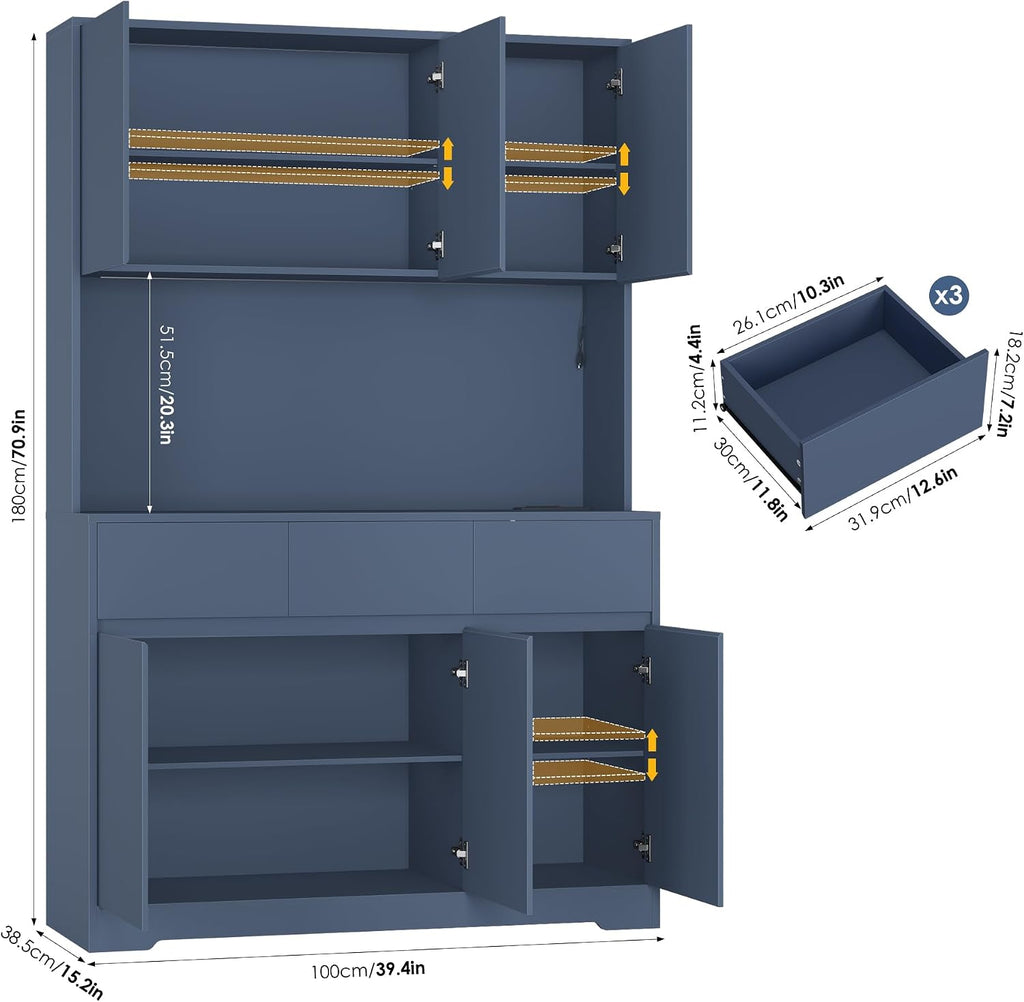 FINETONES 71" Pantry Cabinet with Power Outlets and Led Lights, Large Kitchen Hutch Storage with Microwave Stand, Tall Pantry Kitchen Cabinet with Cupboard, Blue