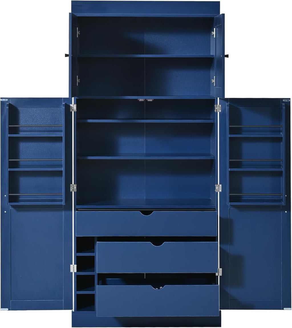 Modern Shaker Style Kitchen Pantry, 77'' Tall Freestanding Cupboard with Adjustable Shelves, Door Shelves, 3 Drawers and Wine Racks, Versatile Pantry Cabinet with Storage for Dining Room, Blue