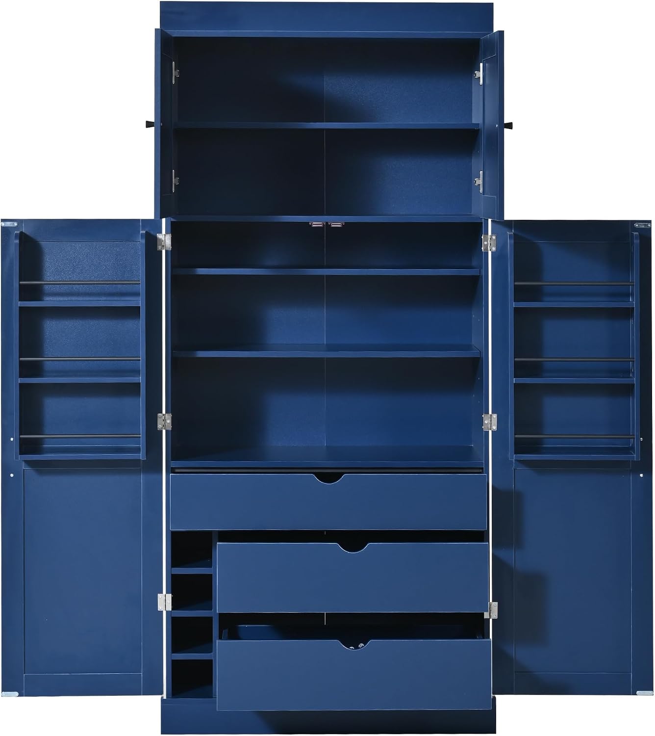 Modern Shaker Style Kitchen Pantry, 77'' Tall Freestanding Cupboard with Adjustable Shelves, Door Shelves, 3 Drawers and Wine Racks, Versatile Pantry Cabinet with Storage for Dining Room, Blue