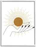 Stupell Industries Hand Holding Deco Inspired Sun with Rays, Designed by JJ Design House LLC White Framed Wall Art, Tan