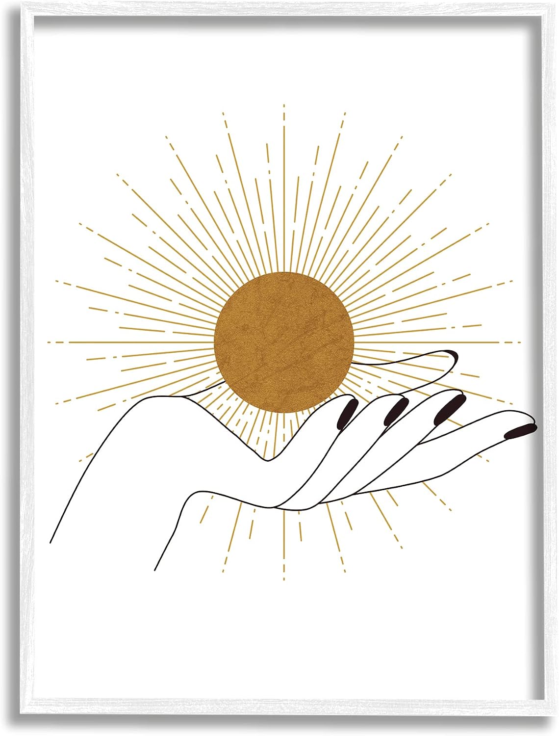 Stupell Industries Hand Holding Deco Inspired Sun with Rays, Designed by JJ Design House LLC White Framed Wall Art, Tan