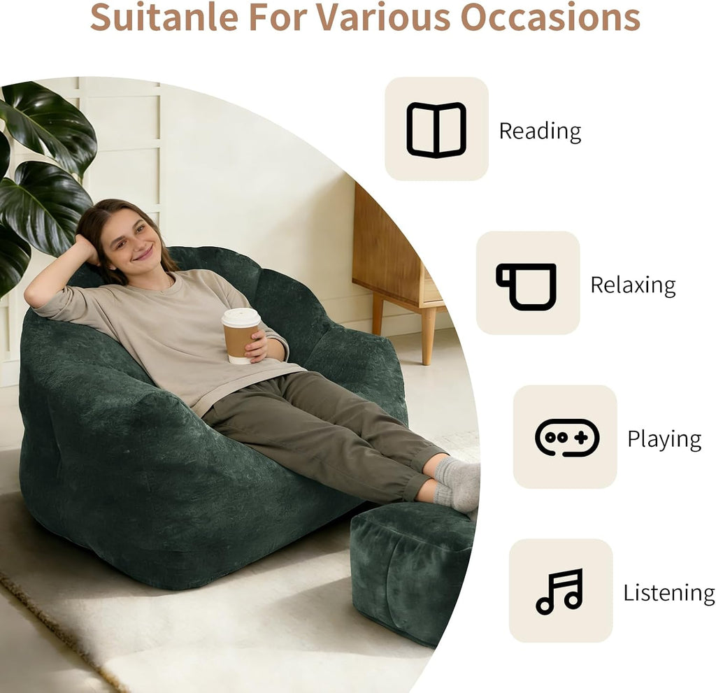 FanYi Cloud Chair Bean Bag Chair with Ottoman for Adults, Oversized Flannelette Shell Chair, High Density Memory Foam Chairs for Adults, Washable Cover Comfy Sofa for Living Room Bedroom,Green