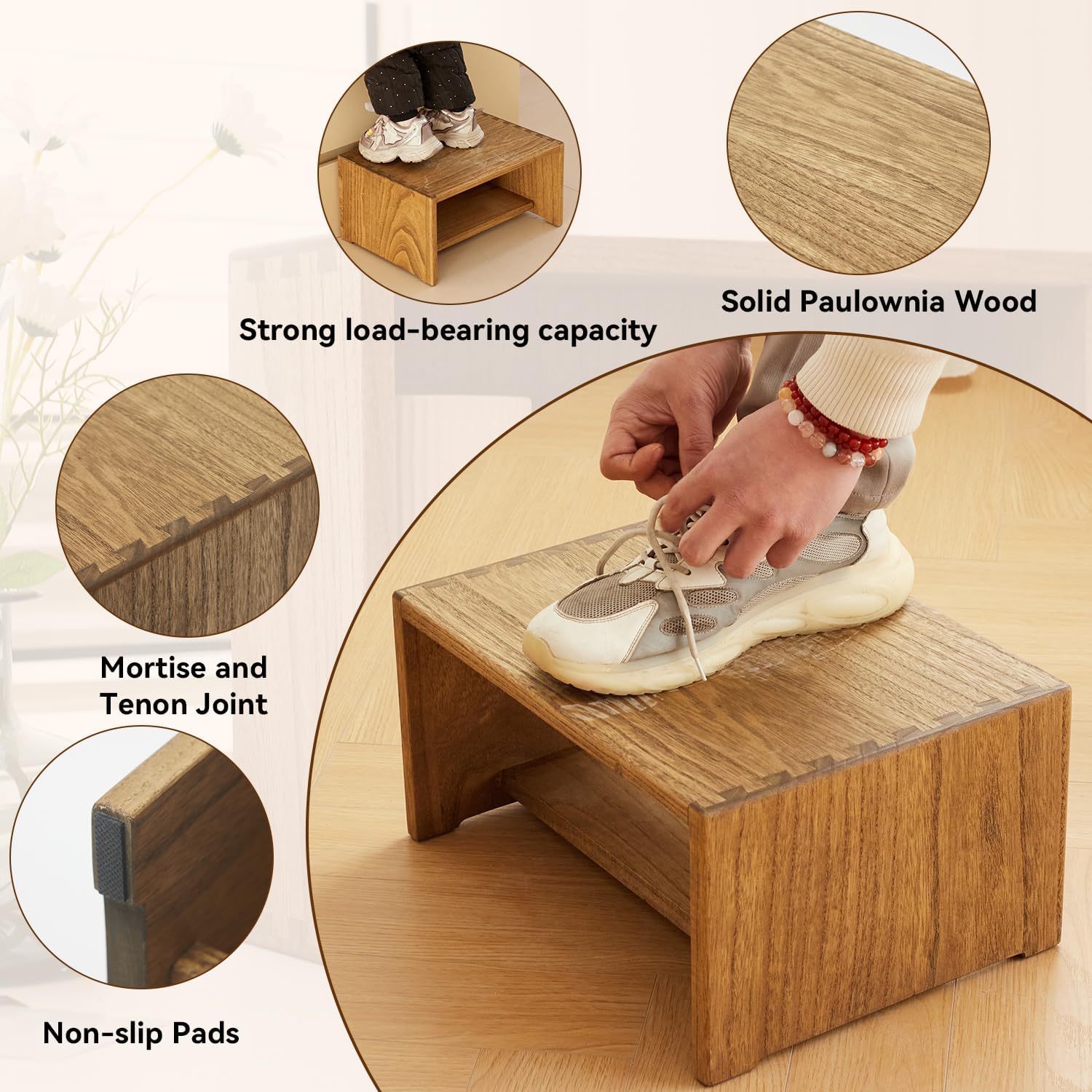 KIRIGEN Wooden Step Stool, Solid Paulownia Wood Step Stool with Anti-Slip Pads, Multi-Purpose Foot Stool for Bathroom, Kitchen, Bedroom ZGT-DBR