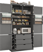 Large Kitchen Pantry Storage Cabinet, Freestanding Cupboard with 2 Power Outlets, Adjustable Shelves and Door Shelves, Tall Storage Cabinet for Kitchen, Dinning Room, Living Room (Grey)