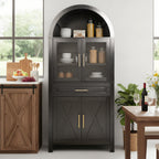71" Tall Arched Kitchen Pantry Cabinet with Glass Door, Versatile Cupboard with Adjustable Shelves & Barn Door Design, Farmhouse Wooden Storage Cabinet for Kitchen, Living & Dining Room (Black)